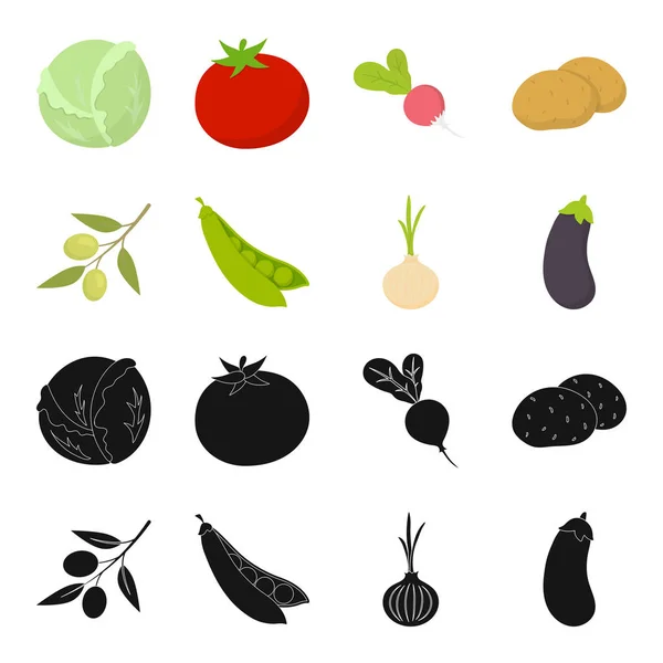 Oliven auf einem Zweig, Erbsen, Zwiebeln, Auberginen. Gemüse Set Sammlung Symbole in schwarz, Cartoon-Stil Vektor Symbol Stock Illustration Web. — Stockvektor