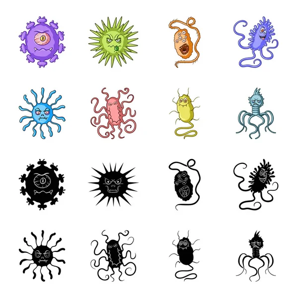 세균 및 바이러스의 다른 종류입니다. 바이러스와 박테리아 검정, 만화 스타일 벡터 기호 재고 일러스트 웹 컬렉션 아이콘 설정. — 스톡 벡터