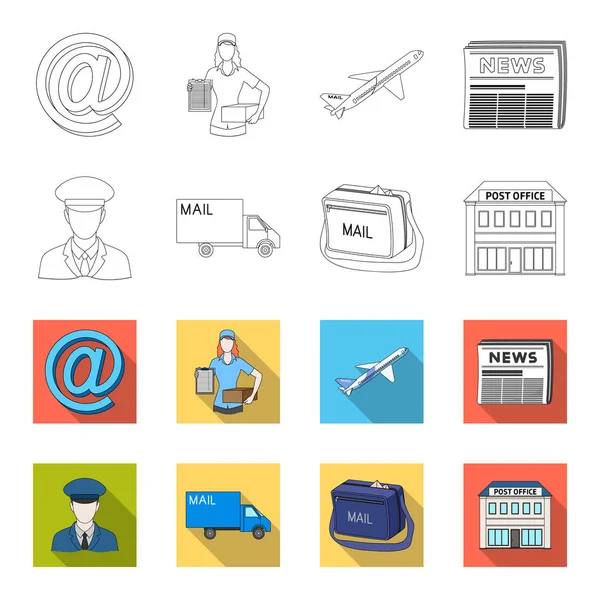 The postman in uniform, mail machine, bag for correspondence, postal office.Mail and postman set collection icons in outline,flet style vector symbol stock illustration web.