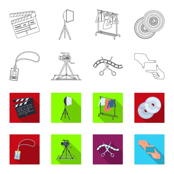 Badge, geste de l'opérateur et autres accessoires pour le film. Faire des icônes de collection de coffret de film dans le contour, flet style vectoriel symbole illustration web . — Image vectorielle