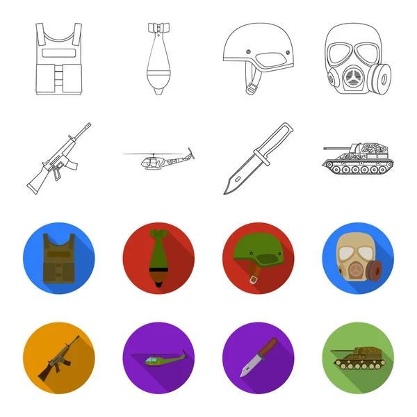 Aanval geweer M16, helicopter, tank, combat mes. Leger en leger instellen collectie pictogrammen in overzicht, flet stijl vector symbool stock illustratie web. — Stockvector