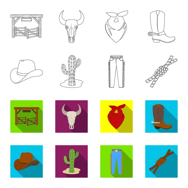 Kalap, kaktusz, farmer, csomót a lasszót. Rodeo készlet ikonok gyűjtemény-vázlat, flet stílusú vektor szimbólum stock illusztráció web. — Stock Vector