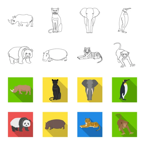 Bambusbär, Nilpferd, wilder Tiger, Affe. wild animal set collection icons in outline, flet style vektor symbol stock illustration web. — Stockvektor