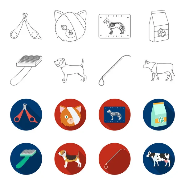 Pies, krowa, bydła, zwierząt domowych. VET Clinic zestaw kolekcji ikon w konspekcie, www ilustracji symbol flet styl wektor. — Wektor stockowy