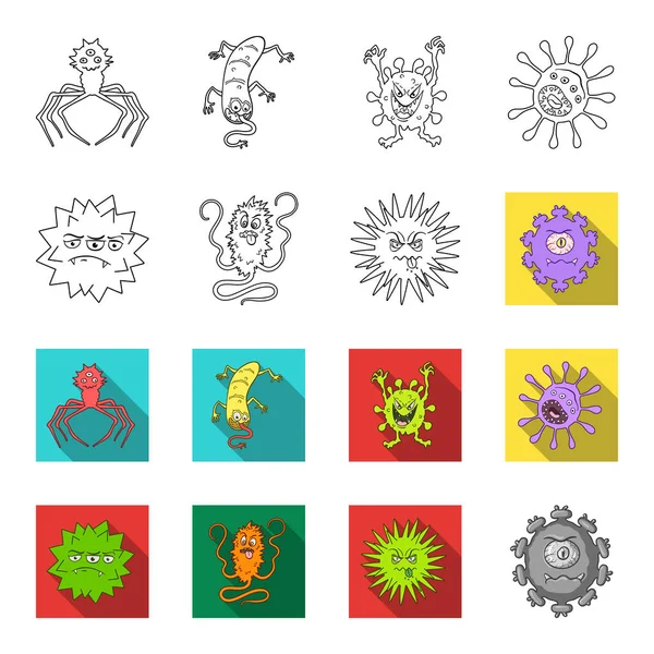 Diferentes tipos de microbios y virus. Los virus y bacterias establecen iconos de colección en el contorno, flet estilo vector símbolo stock ilustración web . — Vector de stock