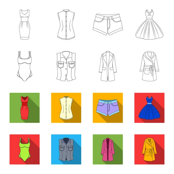 Γυναικεία ρούχα περίγραμμα, flet εικονίδια στο σύνολο συλλογής για το σχεδιασμό. Ποικιλίες ρούχα και αξεσουάρ σύμβολο μετοχής web εικονογράφηση διάνυσμα. — Διανυσματικό Αρχείο