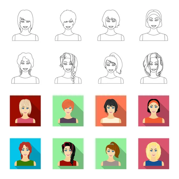 Tipos de peinados femeninos contorno, iconos del flet en la colección de conjuntos para el diseño. Apariencia de una mujer vector símbolo stock web ilustración . — Vector de stock