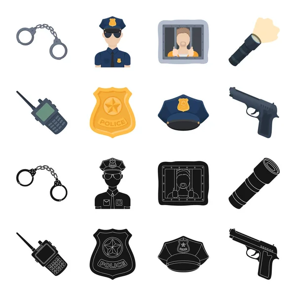 Radio, distintivo ufficiale di polizia, cappuccio uniforme, pistola.Police set icone di raccolta in nero, stile cartone animato vettore simbolo stock illustrazione web . Illustrazione Stock