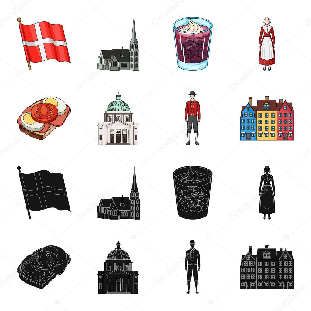 Denmark, history, restaurant, and other  icon in black,cartoon style.Sandwich, food, bread icons in set collection