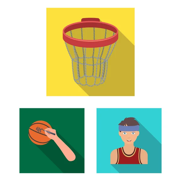 Basket och attribut platt ikoner i set samling för design. Basketspelare och utrustning vektor symbol lager web illustration. — Stock vektor