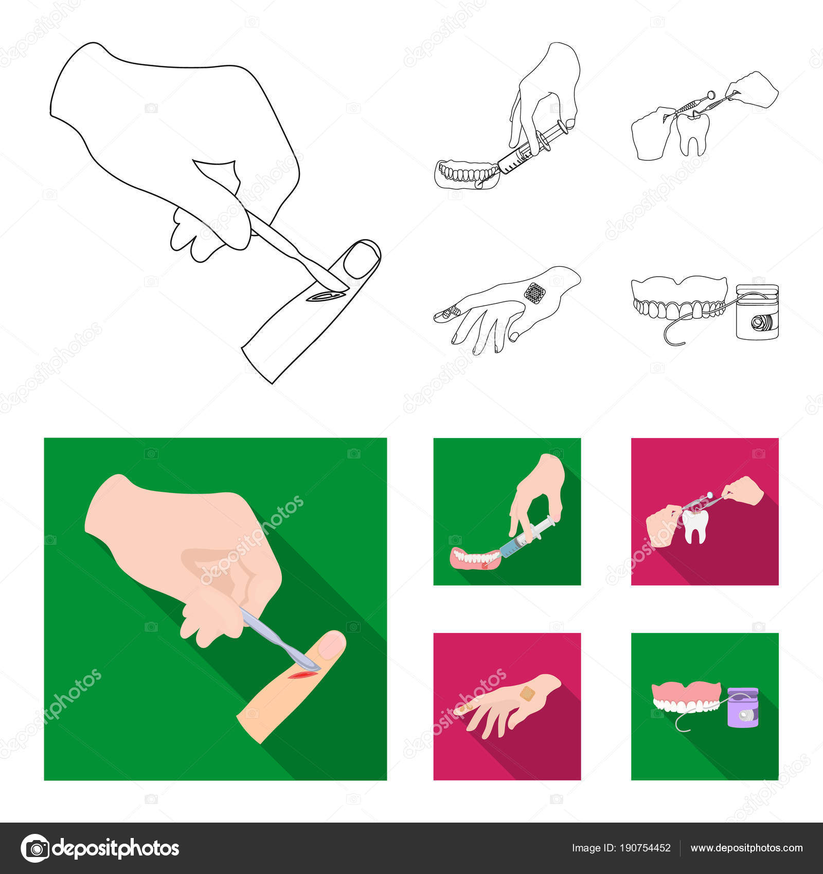 Anesthetic injection, dental instrument, hand manipulation, tooth cleaning and other web icon in