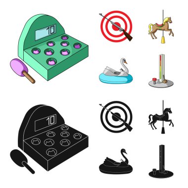 Bir yarasa, bir silah ile bir hedef, bir at bir atlıkarınca, bir kuğu cazibe üzerinde olan bir oyun. Eğlence Parkı toplama simgeler çizgi film, siyah stil vektör simge stok çizim web ayarla..