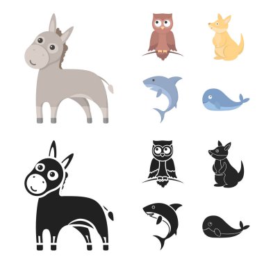 Eşek, baykuş, kanguru, köpekbalığı. Hayvan toplama simgeler çizgi film, siyah stil vektör simge stok çizim web ayarla..