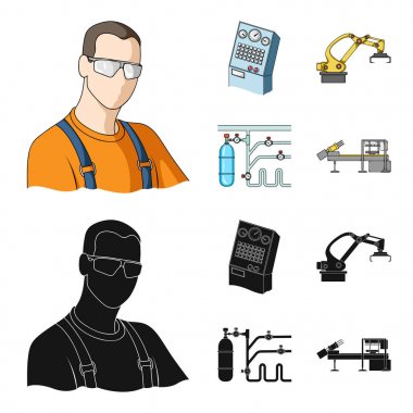 Modern ekipman ve diğer web simgesi çizgi film, siyah tarzı. Tezgahlar ve ekipman fabrika simgeler kümesi koleksiyonu.