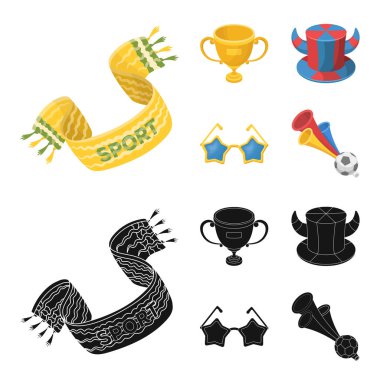 Bir eşarp, boynuzları olan bir şapka ve diğer öznitelikleri fanlar. Çizgi film, siyah stil vektör simge stok çizim web simgeler hayranları ayarla.