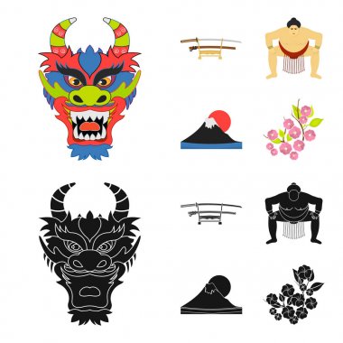 Dragon maskesi, katano, bir adam bir sumo, fujiama dağ ismi. Japonya toplama simgeler çizgi film, siyah stil vektör simge stok çizim web ayarla..