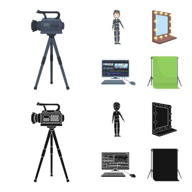 Bir film kamera, özel efektler için bir takım elbise ve diğer ekipmanlar. Çizgi film, siyah stil vektör simge stok çizim web içinde koleksiyon Icons set film yapma.