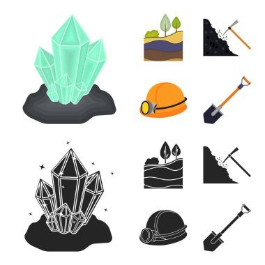 Kristaller, kömür dikiş, kazma, kask ile bir fener. Benim çizgi film, siyah stil vektör simge stok çizim web simgeler ayarlamak.