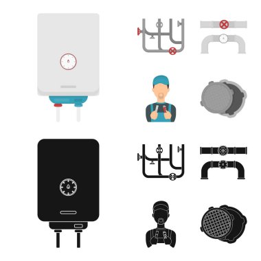 Kazan, tesisatçı, Ventile ve borular. Sıhhi tesisat toplama simgeler çizgi film, siyah stil vektör simge stok çizim web ayarla..