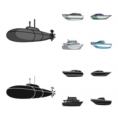 Askeri bir denizaltı, sürat teknesi, bir zevk tekne ve ruhu tekne. Gemi ve Su ulaştırma araçları çizgi film, siyah stil vektör simge stok çizim web simgeler ayarla.
