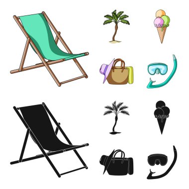 Plaj, palmiye ağacı, dondurma. Yaz tatili toplama simgeler çizgi film, siyah stil vektör simge stok çizim web ayarla..