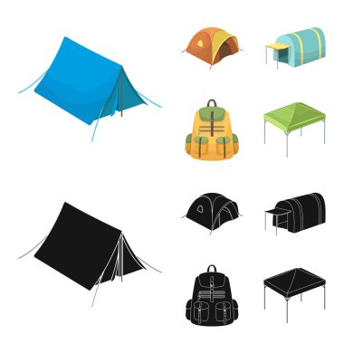 Sırt çantası ve diğer tür çadır. Çadır toplama simgeler çizgi film, siyah stil vektör simge stok çizim web ayarla..
