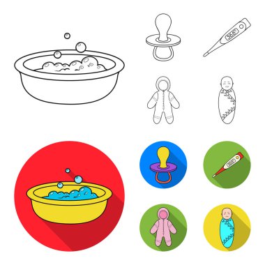 Emzik, elektronik termometre, Çocuk tulumları, çocuk bezi. Bebek set simgeler anahat, düz stil vektör simge stok çizim web tarihi..