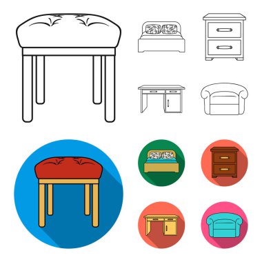 İç, tasarımı, yatak, yatak odası. Anahat, düz stil vektör simge stok çizim web mobilya ve ev interiorset toplama simgeler.