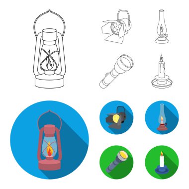 Projektör, gaz lambası, mum, el feneri. Işık kaynağı anahat, düz stil vektör simge stok çizim web simgeler ayarla.