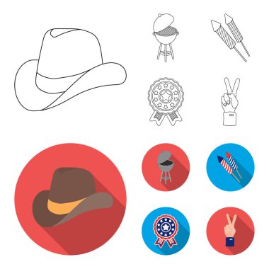 Barbekü, Selam, ebblema, zafer oylama. Vatansever gün toplama simgeler anahat, düz stil vektör simge stok çizim web ayarla..