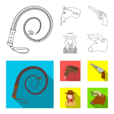 Bir at, bir boğa kafası, bir tabanca, bir kovboy kız başkanı. Rodeo toplama simgeler anahat, düz stil vektör simge stok çizim web ayarla..