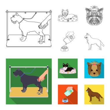 Bir tembel, bir namlu bir hayvan, bir besleme ile bir kase, çoban köpeği dişlerini bir top ile bir köpek. Evcil Hayvan, köpek bakım toplama simgeler anahat, düz stil vektör simge stok çizim web ayarla.