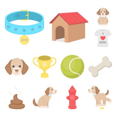 Köpek karikatür simgeleri set koleksiyonu tasarım için evde beslenen hayvan. Köpek yavrusu vektör simge stok web çizim için bakım.