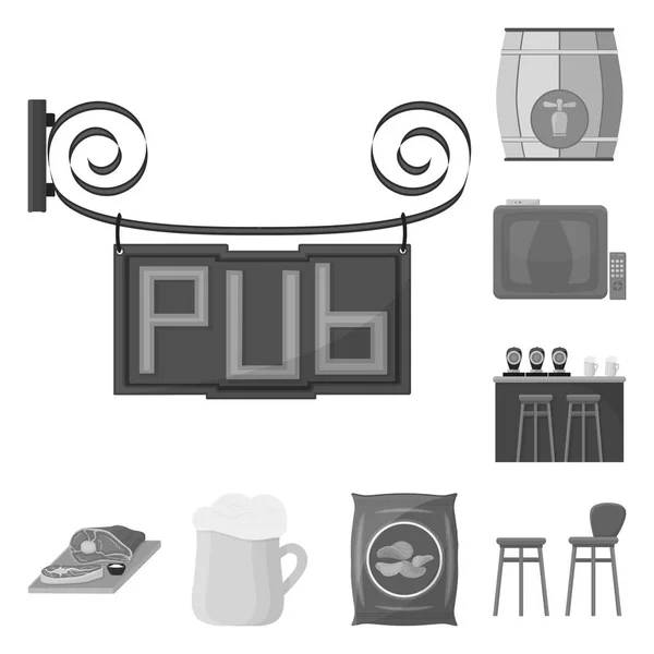 Pub, interior and equipment monochrome icons in set collection for design. Alcohol and food vector symbol stock web illustration. — Stock Vector