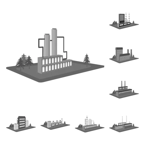 Fábrica e planta ícones monocromáticos na coleção de conjuntos para design. Produção e empresa vetor isométrico símbolo estojo web ilustração . — Vetor de Stock