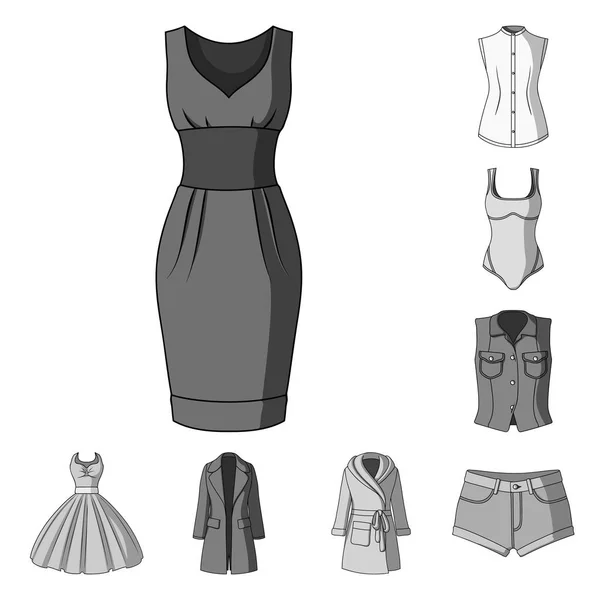 Γυναικεία ρούχα μονόχρωμες εικόνες set συλλογής για το σχεδιασμό. Ποικιλίες ρούχα και αξεσουάρ σύμβολο μετοχής web εικονογράφηση διάνυσμα. — Διανυσματικό Αρχείο