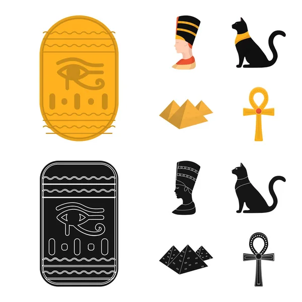 Ojo de Horus, gato egipcio negro, pirámides, cabeza de Nefertiti.Ancient Egipto conjunto de iconos de la colección en la historieta, vector de estilo negro símbolo stock ilustración web . — Archivo Imágenes Vectoriales