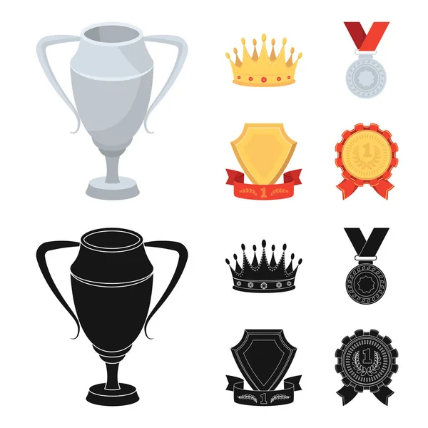 En silver cup, ett guld krona med diamanter, en medalj av pristagare, en guld skylt med ett rött band. Troféer och utmärkelser som samling ikoner i tecknad, svart stil vektor symbol stock illustration web. — Stock vektor