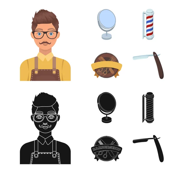 Mannelijke kapper, teken, spiegel en andere apparatuur voor een kapper. Barbershop instellen collectie iconen in de tekenfilm, zwarte stijl vector symbool stock illustratie web. — Stockvector