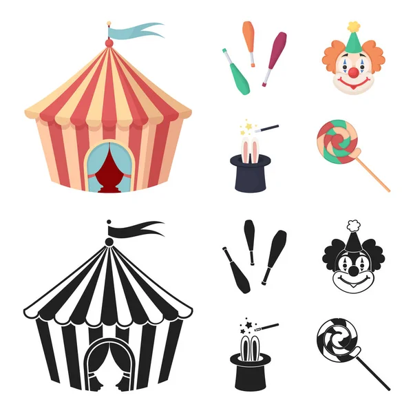Tente de cirque, messes de jongleur, clown, chapeau de magicien. Ensemble de cirque icônes de la collection en dessin animé, symbole vectoriel de style noir illustration web . — Image vectorielle