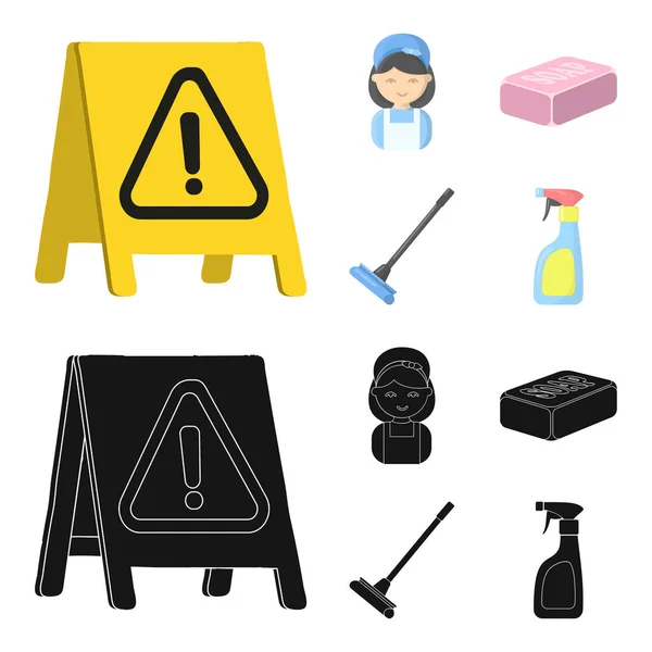 Cleaning and maid cartoon, black icons in set collection for design. Оборудование для очистки векторного символа . — стоковый вектор