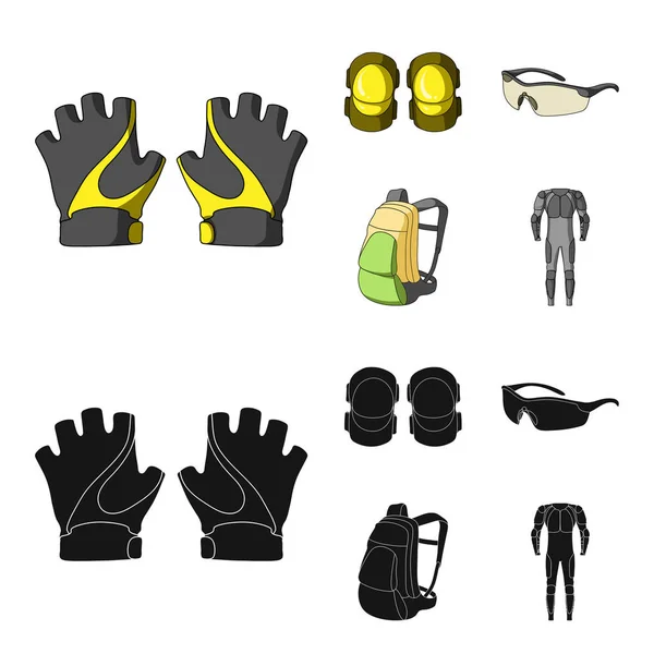 Guantes, coderas, gafas, ciclista backpack.Cyclist conjunto colección iconos en dibujos animados, negro estilo vector símbolo stock ilustración web . — Archivo Imágenes Vectoriales