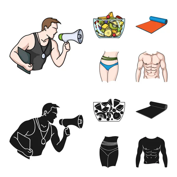 Personal trainer, fruit salad, mat, female waist. Fitnes set collection icons in cartoon,black style vector symbol stock illustration web. — Stock Vector