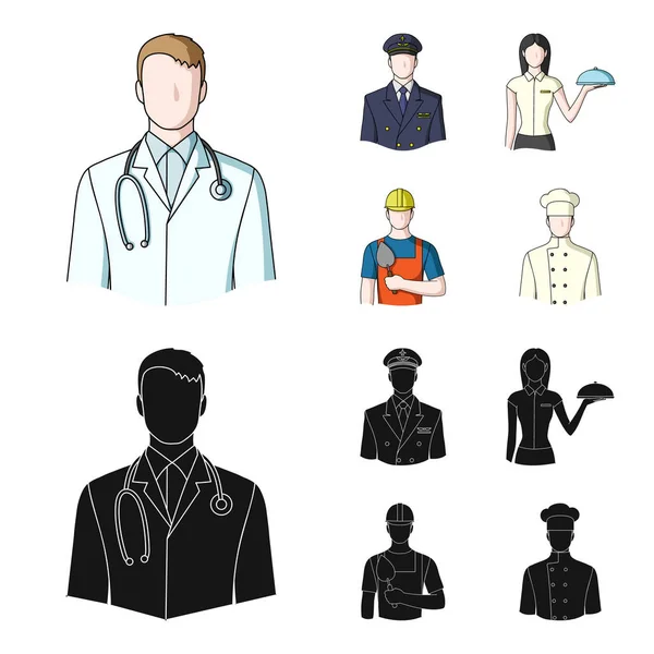 El médico, el piloto, la camarera, el constructor, el mason.Profession conjunto de iconos de colección en dibujos animados, negro estilo vector símbolo stock ilustración web . — Vector de stock