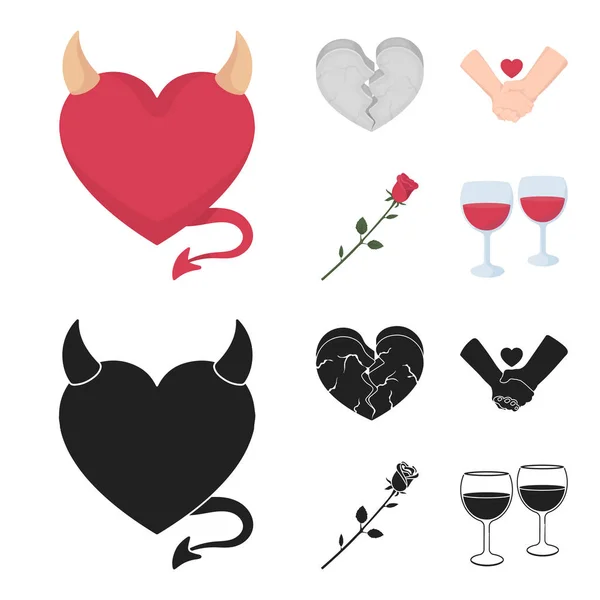 Corazón malvado, corazón roto, amistad, rosa. Romántico conjunto de iconos de colección en dibujos animados, negro estilo vector símbolo stock ilustración web . — Vector de stock