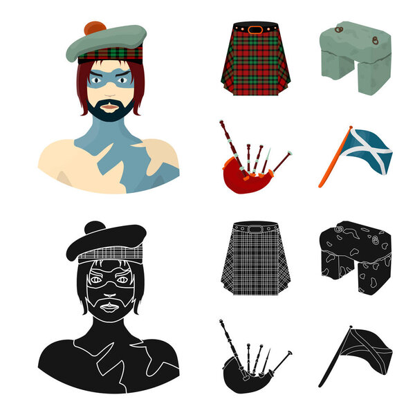 Highlander, Scottish Viking, tartan, kilt, scottish skirt, scone stone, national musical instrument of bagpipes. Scotland set collection icons in cartoon,black style vector symbol stock illustration