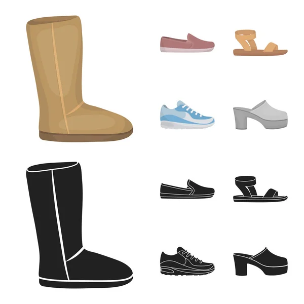 Botas ugg beige con piel, mocasines marrones con suela blanca, sandalias con cierre, zapatillas blancas y azules. Zapatos conjunto de iconos de colección en dibujos animados, negro estilo vector símbolo stock ilustración web . — Vector de stock