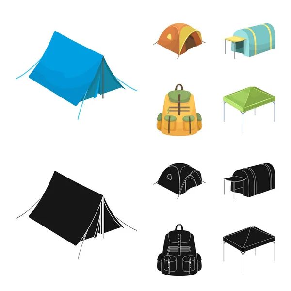 Рюкзак и другие виды палаток. Иконки коллекции палаток в мультфильме, черном стиле векторных символов иконок паутины . — стоковый вектор