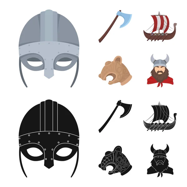 Viking hjälm, slaget ax, rook på åror med sköldar, dragon, treasure. Vikingarna som samling ikoner i tecknad, svart stil vektor symbol stock illustration web. — Stock vektor