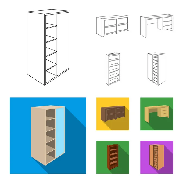 Шкаф с зеркалом, гардероб, полки с мезонинами. Иконки коллекции мебели для спальни в очертаниях, векторные символы в плоском стиле . — стоковый вектор